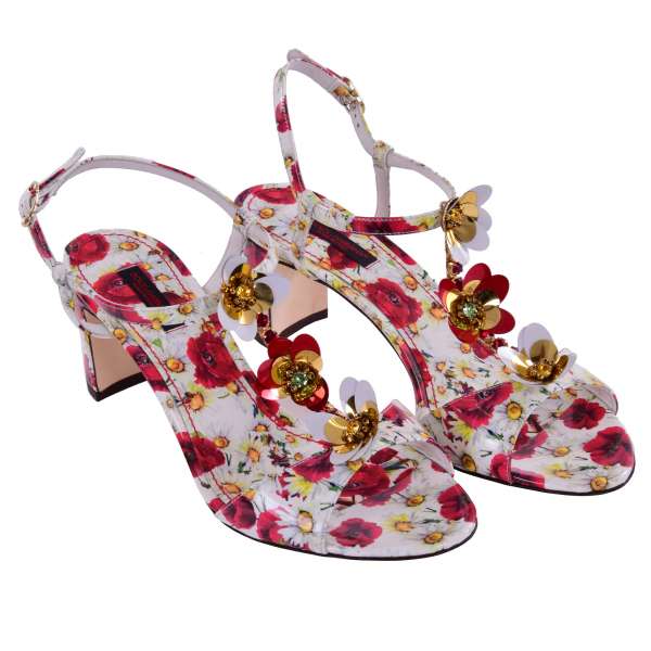 Patent leather strap sandals with floral pearls, crystals, metal and studs embellishments with daisy and poppy print by DOLCE & GABBANA Black Label