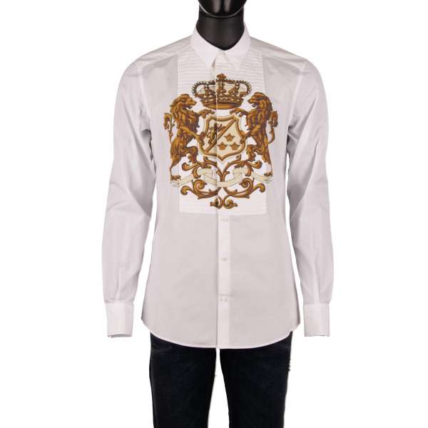 Cotton shirt with pleat plastron, crown and lions print in white by DOLCE & GABBANA GOLD Line 