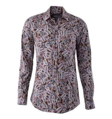 Baumwolle Hemd GOLD mit Spielkarten Print Beige Braun 41 16