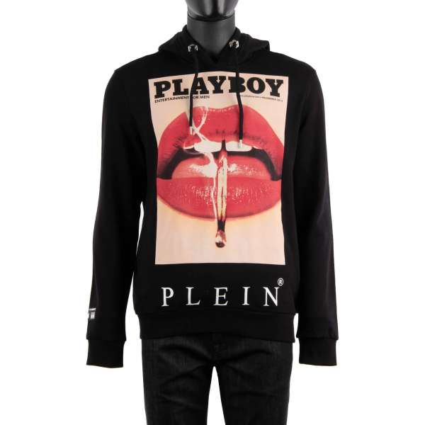 Hoody with a graphic print of a magazine cover of of Lauren Young's lips at the front and 'Playboy Plein' lettering printed at the back by PHILIPP PLEIN x PLAYBOY