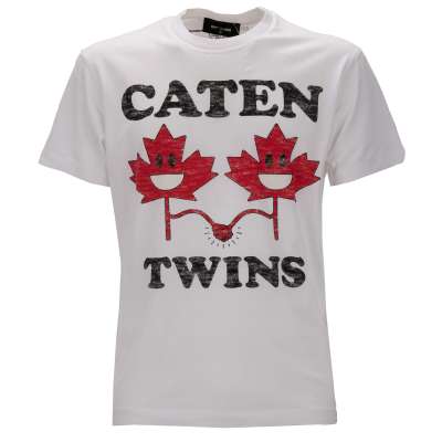 Baumwolle T-Shirt mit CATEN TWINS Logo Print Rot Weiß Schwarz