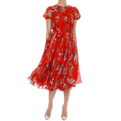 Tropisch Fisch Schleife Seide Kleid Rot IT 38 DE 34 XS