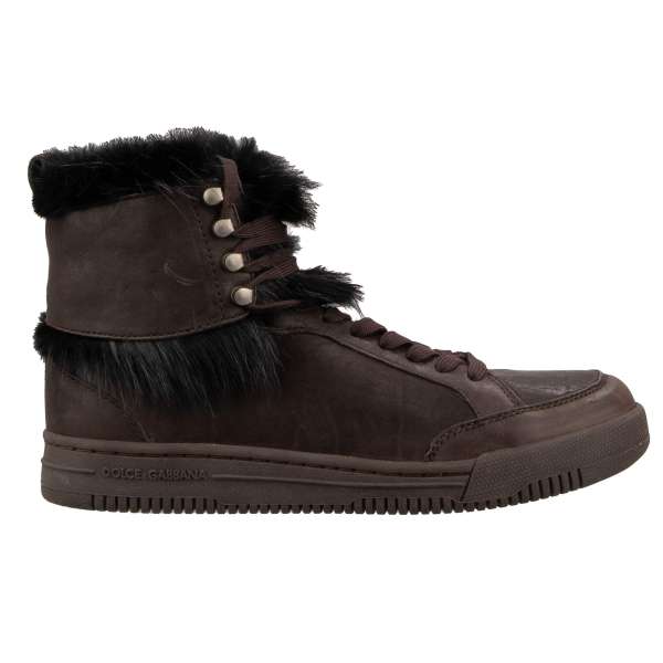 High-Top Leder Sneaker Schuhe mit Pelzbesatz von DOLCE & GABBANA