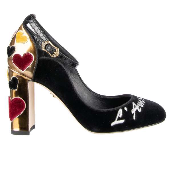 Velvet Ankle Strap Pumps VALLY in black and gold with silver embroidered L'Amore, hearts embellished block heel and snakeskin ankle strap by DOLCE & GABBANA