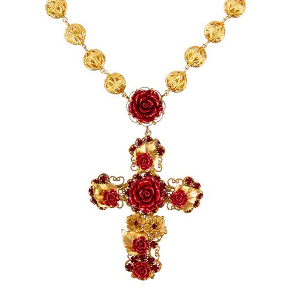 Barock Kette mit filigranen Kreuz, Rosen und Kristallen Applikationen in rot und gold von DOLCE & GABBANA 