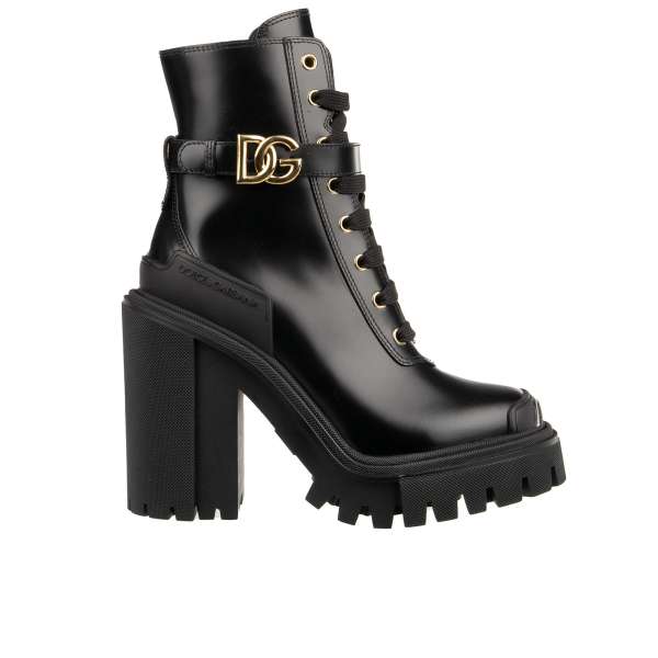 Stiefel / Boots TREKKING BIKER mit DG Gold Metall Logo in Schwarz von DOLCE & GABBANA