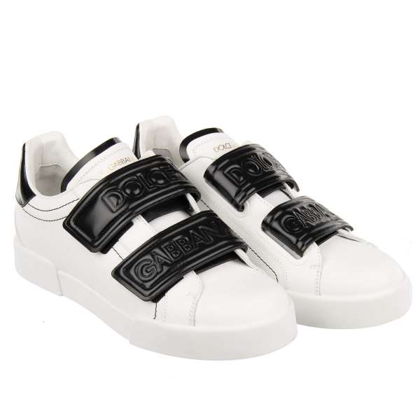Leather Sneaker LONDON with DG Logo hook and loop closure in white and black by DOLCE & GABBANA