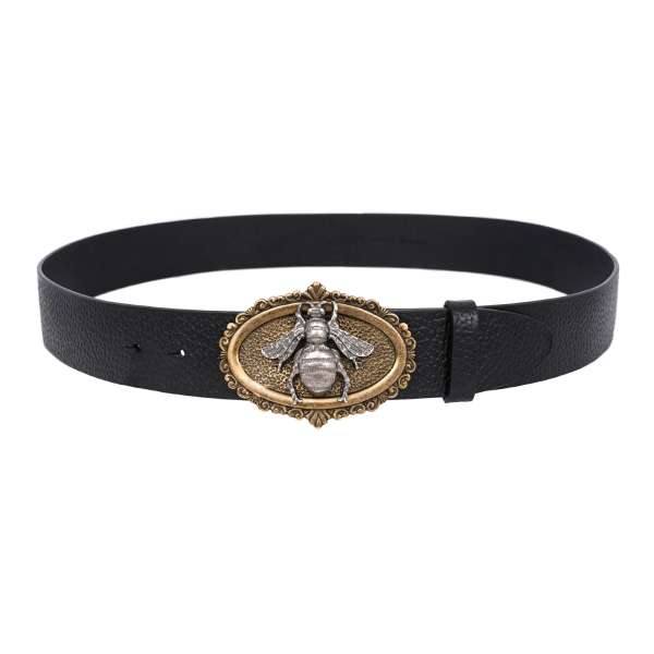 Gürtel aus Kalbsleder mit Biene Metall Schnalle in Schwarz und Gold von DOLCE & GABBANA