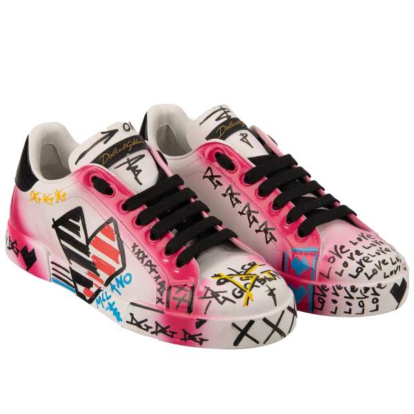 Women Leather Sneaker PORTOFINO with Studs, DG Logo and Graffiti Print in black and white by DOLCE & GABBANA