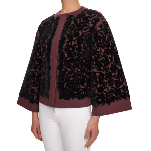 Baroque Jacket with embroidered velvet flowers in black and bordeaux made of virgin wool by DOLCE & GABBANA Black Line