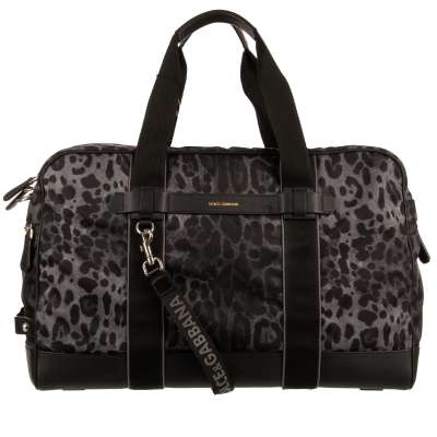 Leopard Printed Duffle Boston Bag with Logo Pendant and Pockets Black Gray