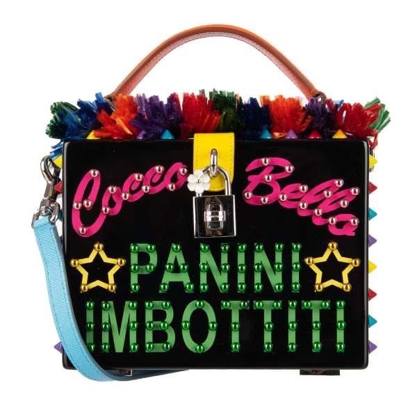 Unique wooden clutch / evening bag DOLCE BOX with Raffia trim, "Cocco Bello Panini Imbottiti" text, multicolor studs and decorative padlock by DOLCE & GABBANA