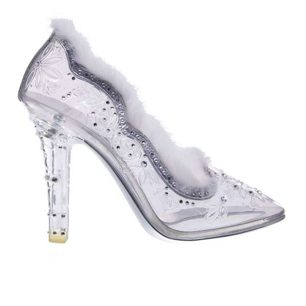 Transparent Cinderella Pumps with mink fur made of PVC with crystals by DOLCE & GABBANA