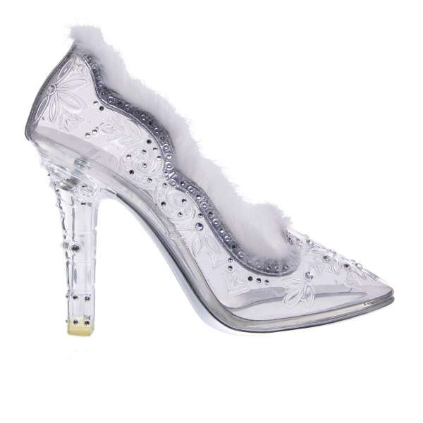 Transparente Cinderella Pumps aus PVC mit Kristall-Verzierung und Nerz Pelz von DOLCE & GABBANA