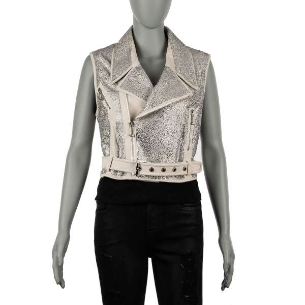 Leather short Biker Style Vest Jacket AHOI embellished with Swarovski crystals in white by PHILIPP PLEIN COUTURE