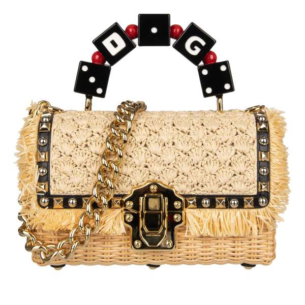 Raffia Straw shoulder bag / handbag LUCIA with Dices handle, studs and massive gold chain strap by DOLCE & GABBANA