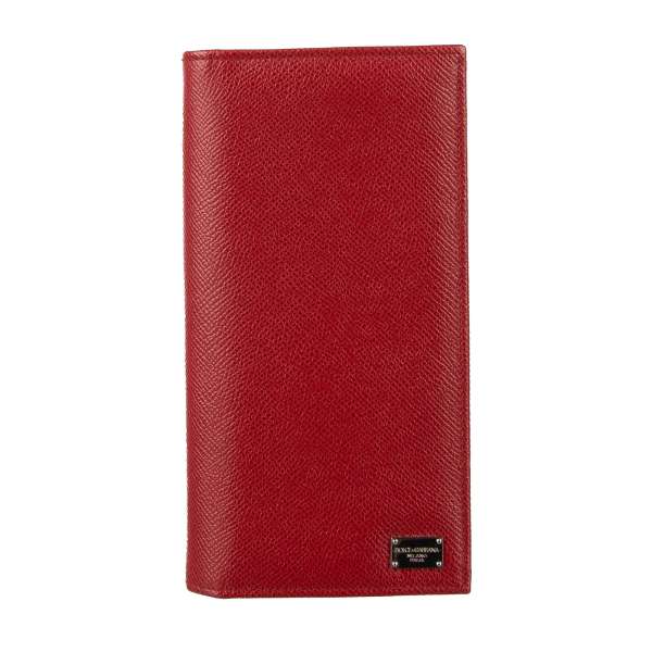 Large dauphine leather bifold wallet with many pockets and slots and DG logo plate in red by DOLCE & GABBANA