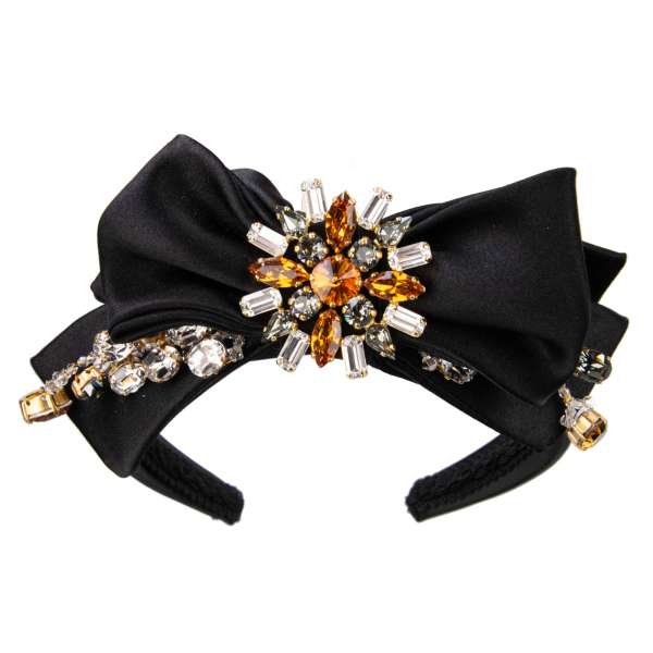 Silk blend Hairband with Ribbon, Crystals and Brass applications in black by DOLCE & GABBANA