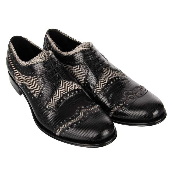 Exclusive formal patchwork derby shoes NAPOLI made of lizard and geometric pattern pony fur in white and black by DOLCE & GABBANA