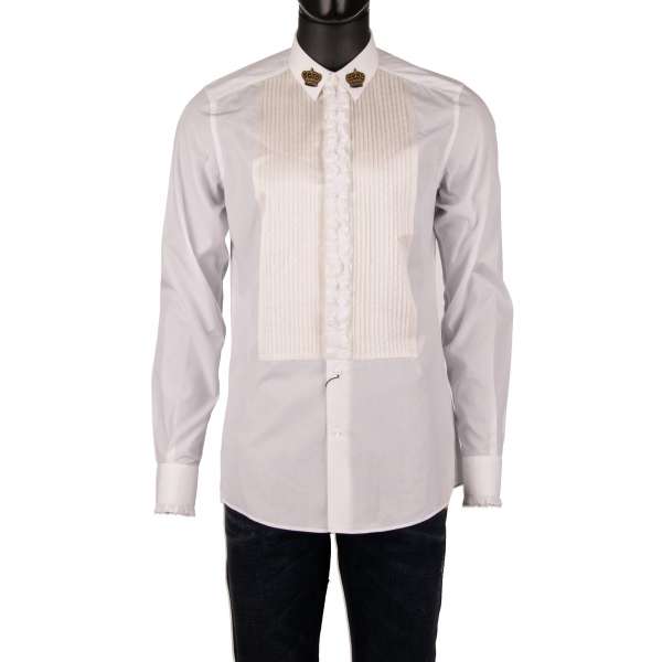 Cotton shirt with silk plastron, crown embroidery and ruffles in white by DOLCE & GABBANA GOLD Line 
