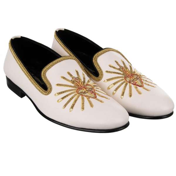 Loafer Schuhe LUKAS aus Nappa Leder mit Pailletten und Sacred Heart Stickerei in Weiss und Gold von DOLCE & GABBANA