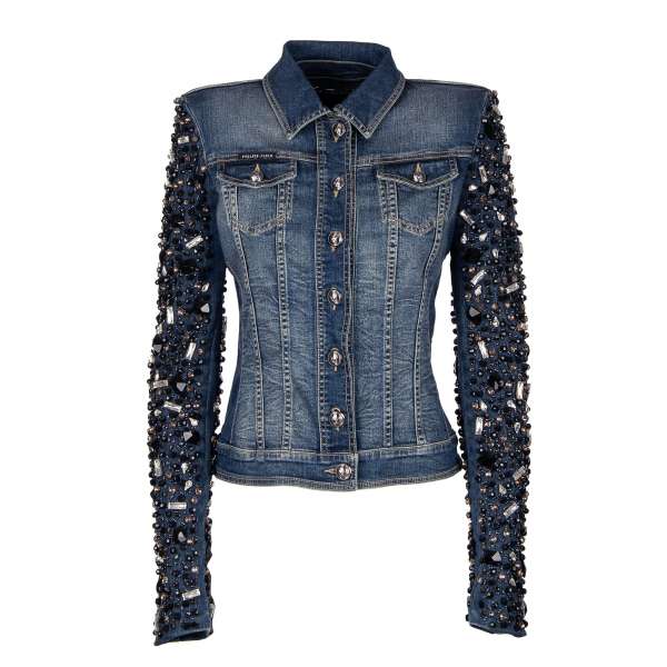 ASHLEY Jeans Jacket with crystals and beads embroidered sleeves and Philipp Plein metal logo on the back in blue by PHILIPP PLEIN COUTURE