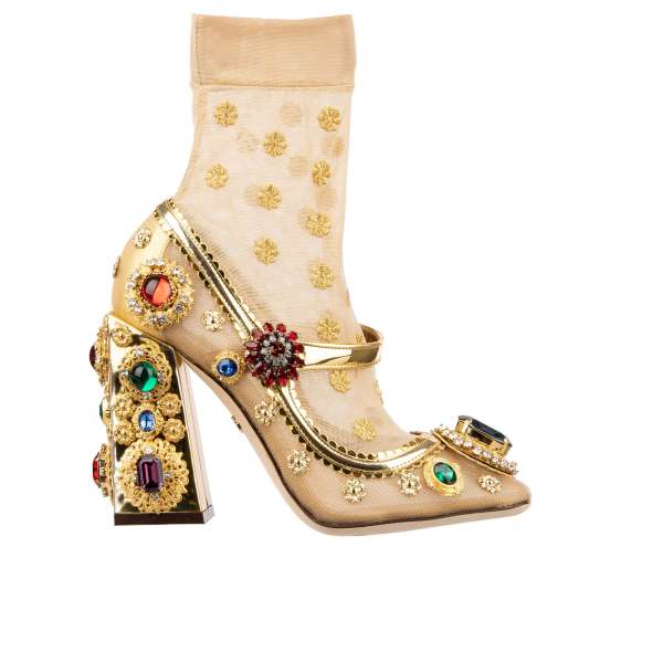 Baroque Tulle Pumps MARY JANE with crystal brooches and embroidery in gold by DOLCE & GABBANA