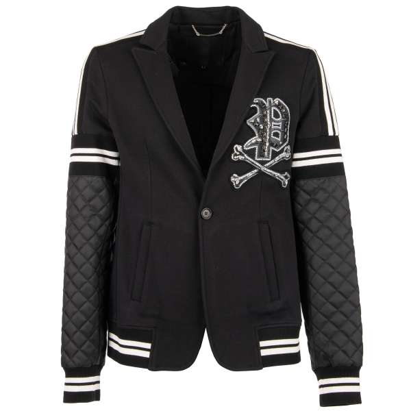 Blazer jacket I KNOW with crystals applications "Skull & Bones" in front and back, stepped sleeves and contrast stripes by PHILIPP PLEIN