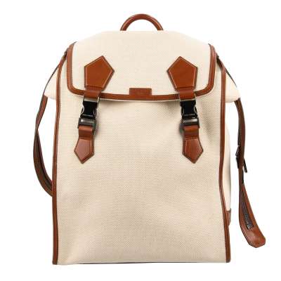 Canvas Leather Backpack EDGE with Zip and Buckles Beige Brown