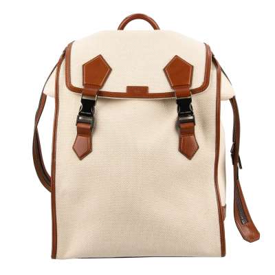 Canvas Leather Backpack EDGE with Zip and Buckles Beige Brown