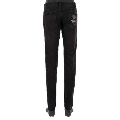 Distressed Jeans with Bee Crown Embroidery Black 46 30 S
