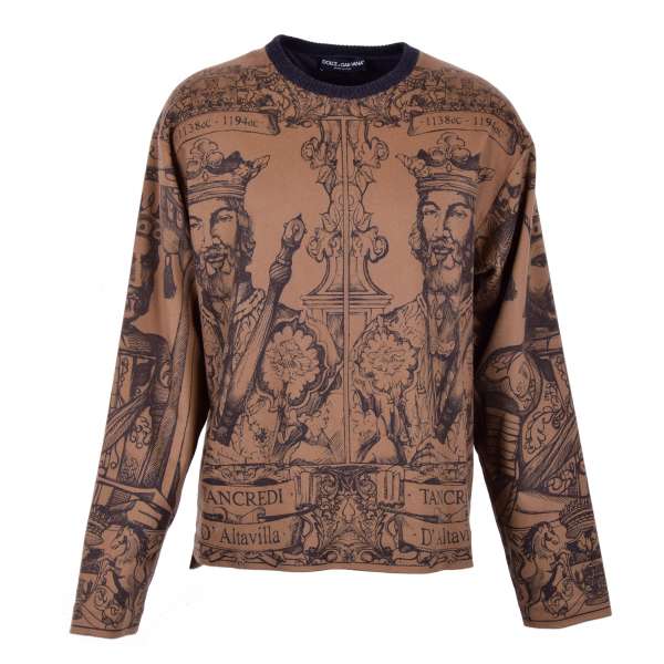 Oversize gefütterter Pullover im Ritter-Stil aus bedrucktem Kaschmir mit König Tangredi D'Altavilla Porträt von DOLCE & GABBANA Black Label