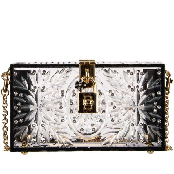 Crystals embellished plexiglas shoulder bag / clutch DOLCE BOX Cinderella with floral texture, chain strap and decorative padlock with flower by DOLCE & GABBANA