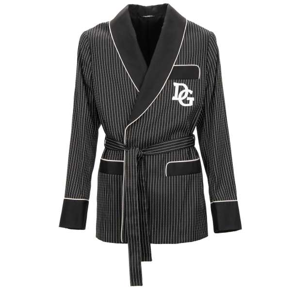 Striped silk blend jacquard Robe / Blazer with DG logo embroidery and belt fastening in white and black by DOLCE & GABBANA