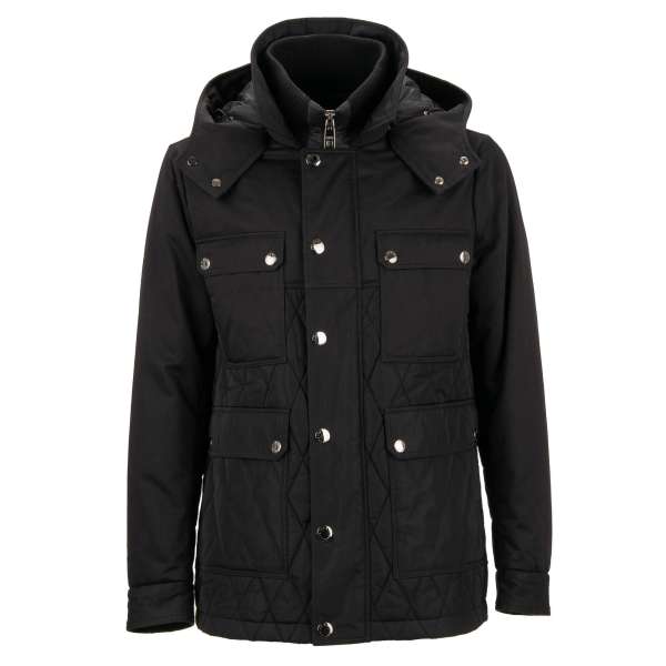 Padded parka style jacket made of cotton and polyester with detachable hood, knitted collar and many pockets by DOLCE & GABBANA