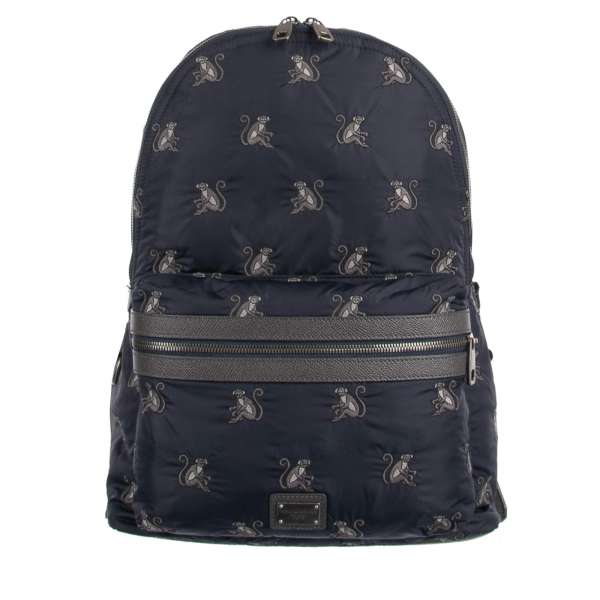 Monkeys embroidered backpack made of nylon and dauphine leather with logo plate and outer pocket by DOLCE & GABBANA