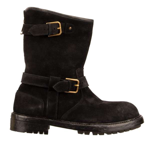 Suede Ankle Boots BERNINI with metal buckles and zip closure in black by DOLCE & GABBANA 