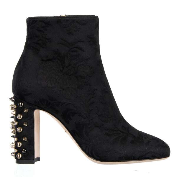 Brocade Short Boots VALLY with crystals and studs embellished heel in black by DOLCE & GABBANA Black Label