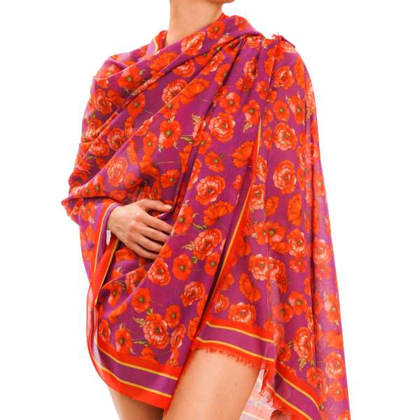 Large poppy flower and logo printed cotton Scarf / Foulard / Pareo in red and purple by DOLCE & GABBANA
