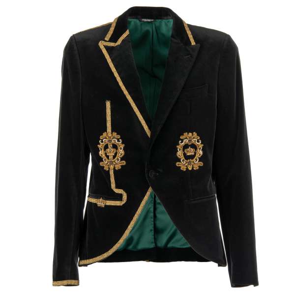 Royal Style Velvet blazer with peak lapel, lace and goldwork pearl crown embroidery by DOLCE & GABBANA