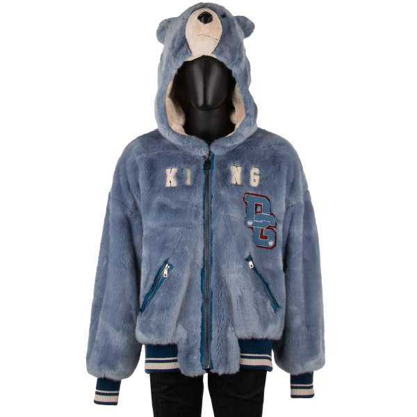 Stuffed oversize fake fur jacket with Bear Hoody and embroidered DG Logo and KING Lettering, zip pockets and leather details by DOLCE & GABBANA