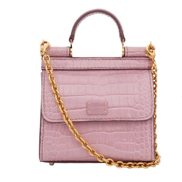Crocodile textured calfskin Crossbody Clutch Bag SICILY 58 Micro with DG Logo plate and detachable metal chain strap by DOLCE & GABBANA