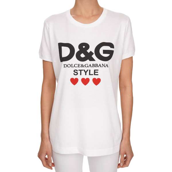 Cotton T-Shirt with Dolce Gabbana heart style logo print and gold patch logo on the back in white and black by DOLCE & GABBANA