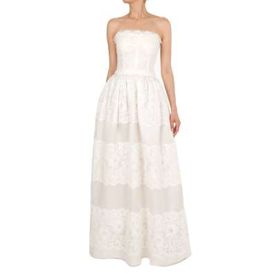 Schulterfreies Hochzeit Blumen Spitze Seide Maxi Kleid Weiß 38 XS