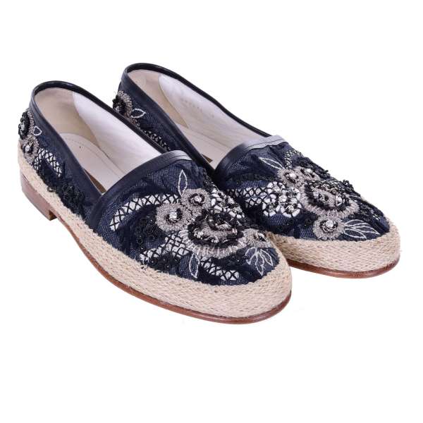 Mit Kristallen und Metallnaht bestickte Espadrilles / Loafer Schuhe PIANOSA aus Denim von DOLCE & GABBANA