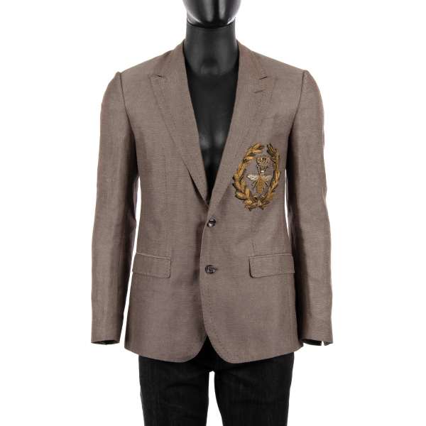 Linen and Cotton blazer with metal seam hand-embroidered coat of arms with bee and crown by DOLCE & GABBANA Tailoring