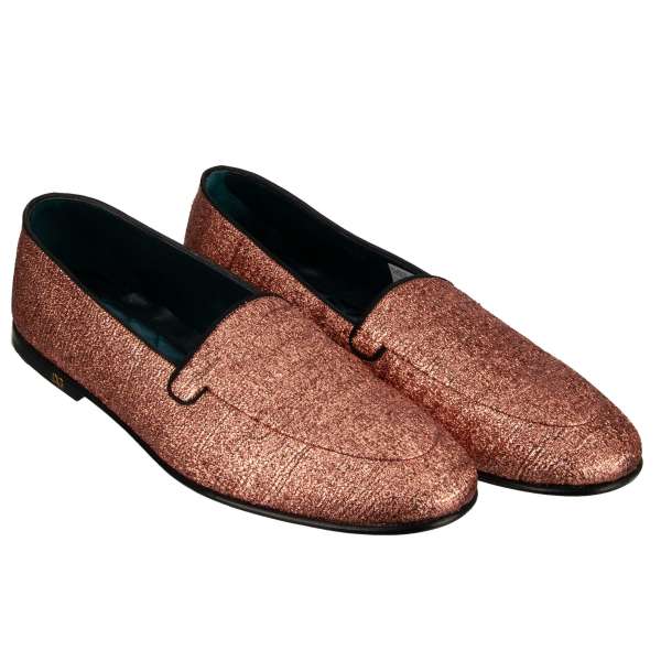  Lurex fabric loafer shoes YOUNG POPE with DG metal logo in pink by DOLCE & GABBANA