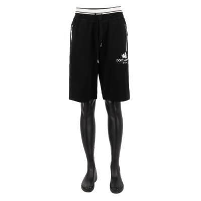 Cotton Sweatshorts with Logo Crown Print and Pockets Black White