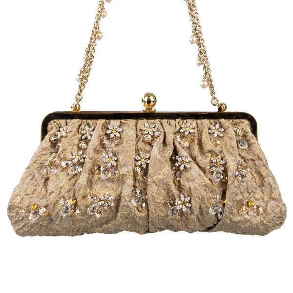 Crystals embellished brocade clutch / evening bag with pearls chain by DOLCE & GABBANA