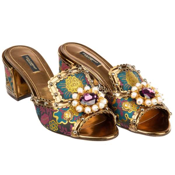 Baroque style Leather and Jacquard Sandals KEIRA with pearls and crystals applications by DOLCE & GABBANA